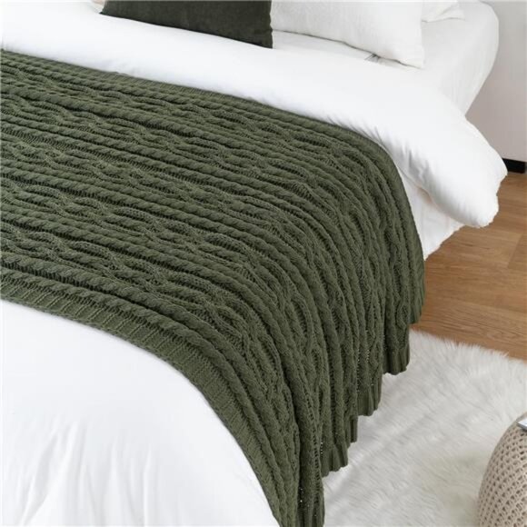 Olive Green Throw Blanket Chunky Cable Knit Soft Cozy Chenille Blanket for Couch - Picture 6 of 7
